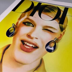 VINTAGE WOMENS DROP ENAMEL EARRINGS BLUE 1980s STYLE